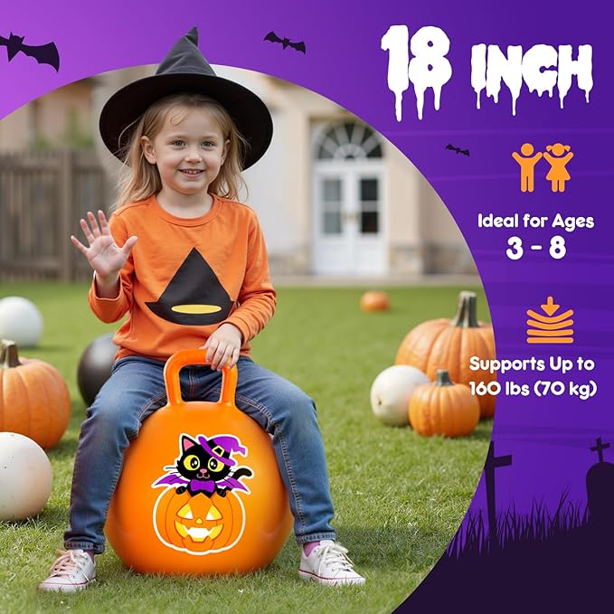 PlayZap Hopper Balls for Kids 3-8, Halloween Toys Orange 18 Inches Bouncy Ball with Handle, Pumpkin Inflatable Bouncing Jumping, Hippity Hop Toys Girls Boys Gifts