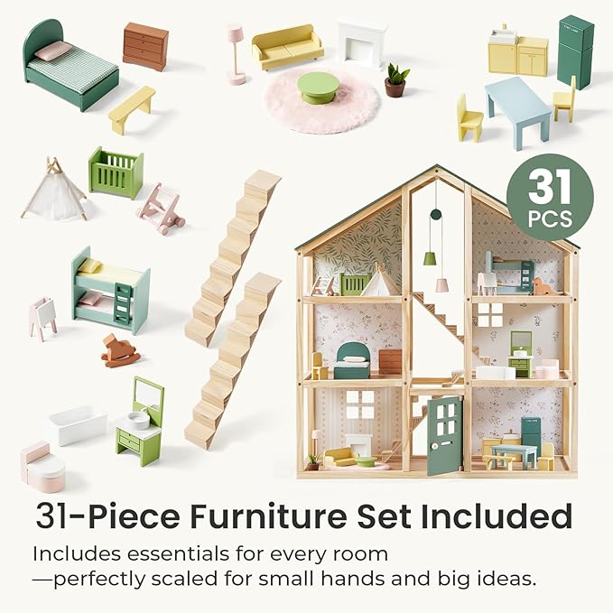 Tiny Land Wooden Dollhouse for Girls - 6 Rooms Wooden Doll House, DIY Pretend Doll House with 31Pcs Furniture Accessories, Creative Gift for Girl Ages 3+, Green
