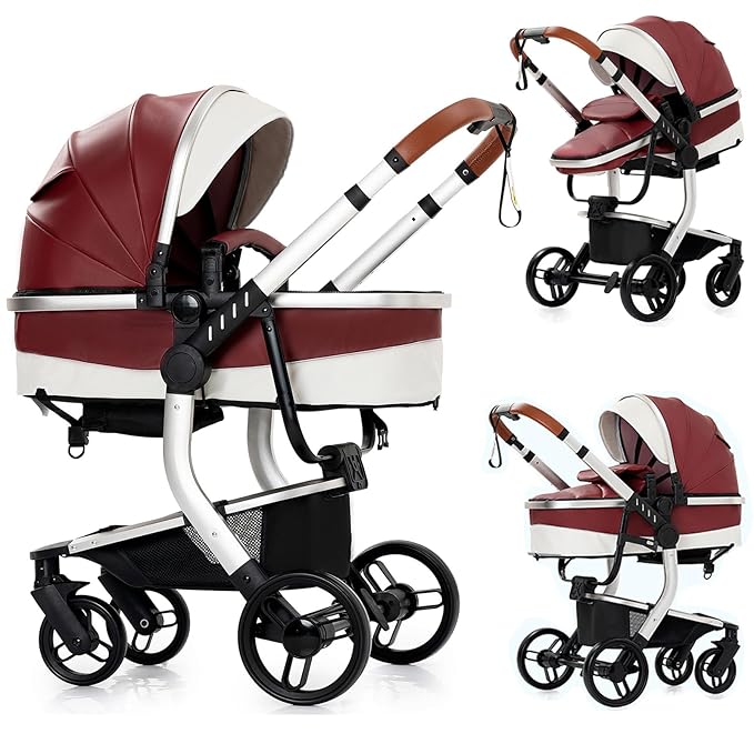 PU Leather 2 in 1 Baby Stroller, Convertible Pram, Reversible Standard Stroller, Portable Buggy, Infant Carriage, Foldable High Landscape Pushchair Toddler Newborn (2US518-Red)