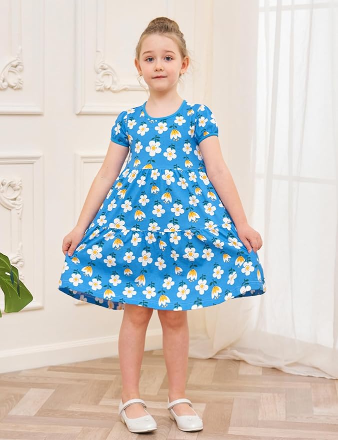 Bumeex Girl's Dresses Cotton Ruffle Sleeve Tiered Swing A-Line Cute Midi Casual Sundress
