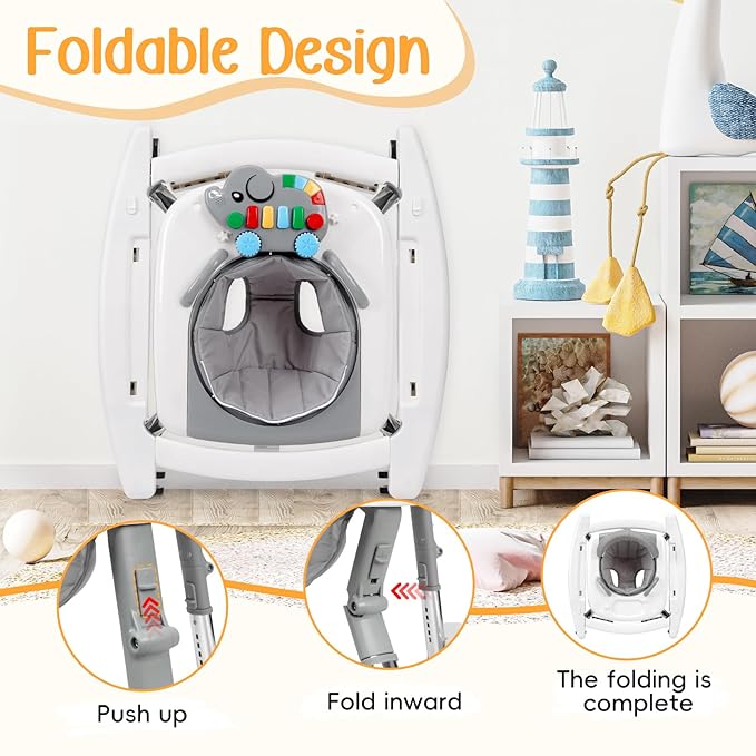 5-in-1 Music and Lights Baby Walker Foldable with 5 Adjustable Heights, Baby Walker with Wheels and Bouncer Combo Portable, Infant Toddler Walker for Baby Boy Girls 6-18 Months