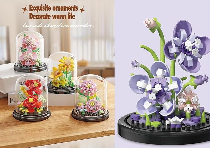 Fantasy Pink Flowers Home Bouquets Dust Cover Set Building Toy Creative Assembly Bonsai Tree, Ideal for Valentine's Anniversaries Birthday