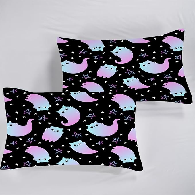 Kids Bedding Cute Ghost Cat Sheet Set Twin Size 3Pcs Kawaii Gradient Cat Bed Sets with 1 Fitted Sheet 1 Flat Sheet 1 Pillowcases for Kids Boys Girls Adults Teens, Black