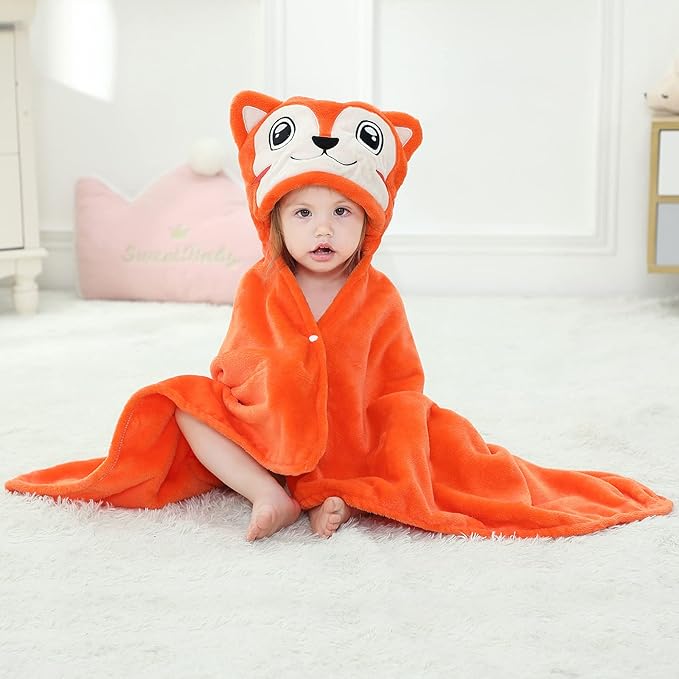 Wearable Blanket Hoodie for Kids Toddlers Hooded Towels Soft Cozy Flannel Wearable Throw Blanket Hoodie for Boys Girls Birthday Gifts (Fox 60 * 50)