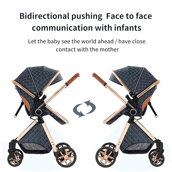 2 in 1 Baby Stroller Convertible Reversible Standard Pram Portable Pushchair Infant Buggy Baby Carriage Foldable High Landscape Pram for Toddler Newborn (225 Black Gold)