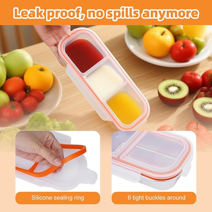 Stainless Steel Snack Containers with Lids, Reusable Condiment Storage Box, Divided Food Storage for School, Home, Travel, Multiple Compartment Leak-Proof Box (‎2 Compartment 3PCS)
