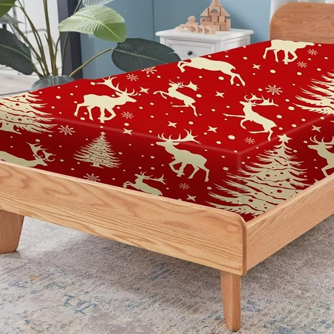 Red Christmas Elk Sheets Set Queen Size Cute Reindeer Christmas Bedding Set for Adults Kids Room Christmas Winter Microfiber Bed Sheets with 1 Flat Sheet +1 Fitted Sheet + 2 Pillowcases