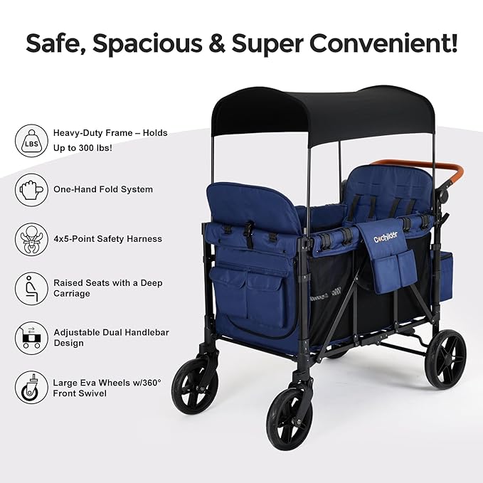 Elite 4-Seater Wagon Stroller for 2-4 Kids, One-Hand Fold, High Seats with 5 Point Harness, Adjustable Handle & Canopy, Blue