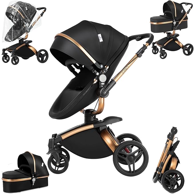 PU Leather 2 in 1 Baby Stroller with 360° Rotatable Seat, Convertible Reversible Standard Baby Pram Portable Pushchair Infant Carriage Foldable High Landscape Pram for Toddler Newborn (HR002-Black)