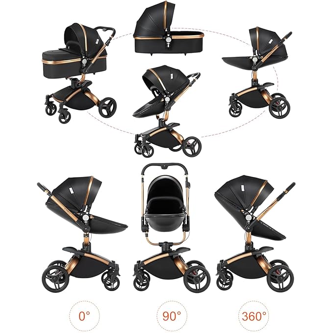 PU Leather 2 in 1 Baby Stroller with 360° Rotatable Seat, Convertible Reversible Standard Baby Pram Portable Pushchair Infant Carriage Foldable High Landscape Pram for Toddler Newborn (HR003-orange)