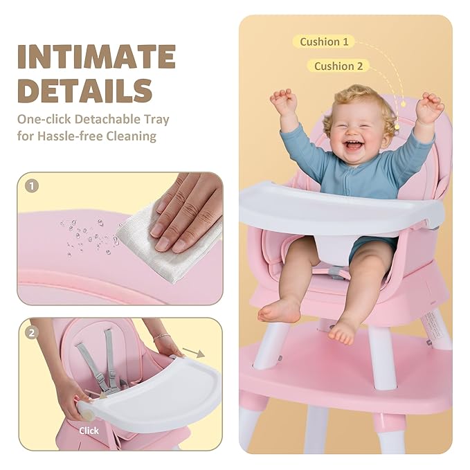 Baby High Chair, 8 in 1 Convertible Highchairs for Babies and Toddlers, Children Dining Booster Seat/Kids Building Block Table for Girls Boys, Baby Seat with Removable Tray,Pink & White
