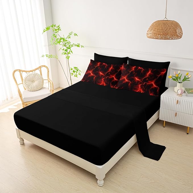QOOMO Red Lighting 7 Pieces Comforter Set Twin Size,Starry Sky Bedding Set for Kids Teens Boys-Include 1 Comforter,1 Fitted Sheet,1 Flat Sheet,2 Printing Pillowcases and 2 Black Pillowcases