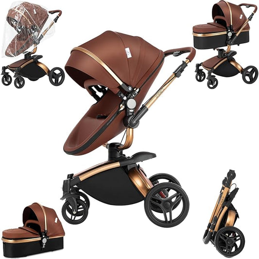 PU Leather 2 in 1 Baby Stroller with 360° Rotatable Seat, Convertible Reversible Standard Baby Pram Portable Pushchair Infant Carriage Foldable High Landscape Pram for Toddler Newborn (HR003-orange)