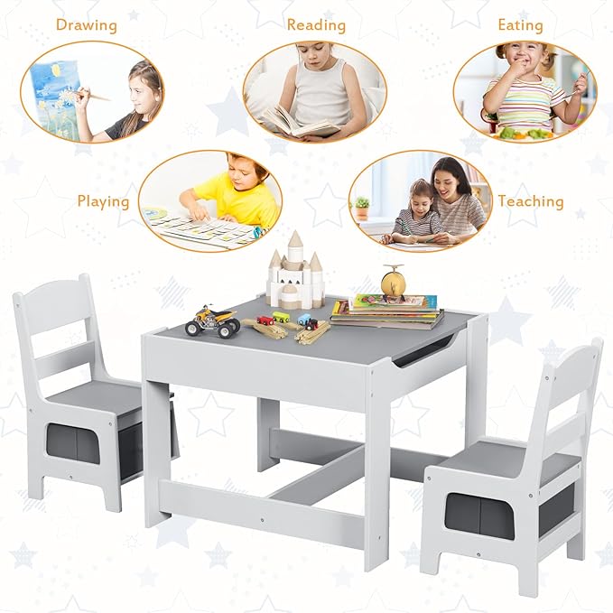 Costzon Kids Table and Chair Set, 3 in 1 Wooden Activity Table with Storage Drawer, Detachable Tabletop for Children Drawing Reading Art Craft, Playroom, Nursery, Toddler Table and Chair Set, Gray