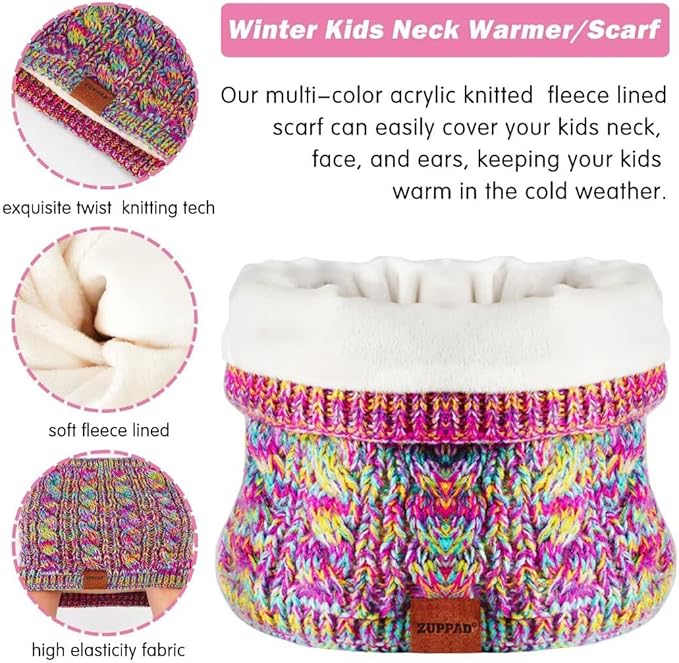 Kids Winter Hat Gloves Scarf Set,Girls Toddler Children Hats Beanie with Pom Knit Neck Warmer Gaiter Mittens Fleece Lined Set