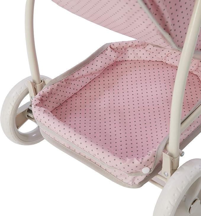 Olivia's Little World 2-in-1 Convertible Baby Doll Stroller with Retractable Canopy, All-Terrain Wheels, and Adjustable Handle, Cream and Pink with Gray Polka Dots