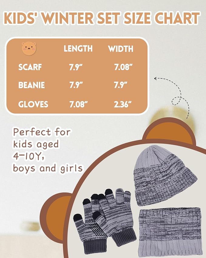 Kids Winter Hat Gloves Scarf Set，Mixed-color Beanie hat Knit Neck Fleece Lining Touchscreen Gloves for Girls Boys 4-10Y