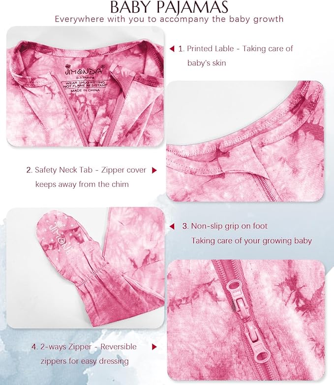 Jimonda Baby Girls Boys Footed Pajamas,Rayon From Bamboo,2 Way Zipper Long Sleeve Soft Sleeper Pjs,Infant Tie-dye Romper