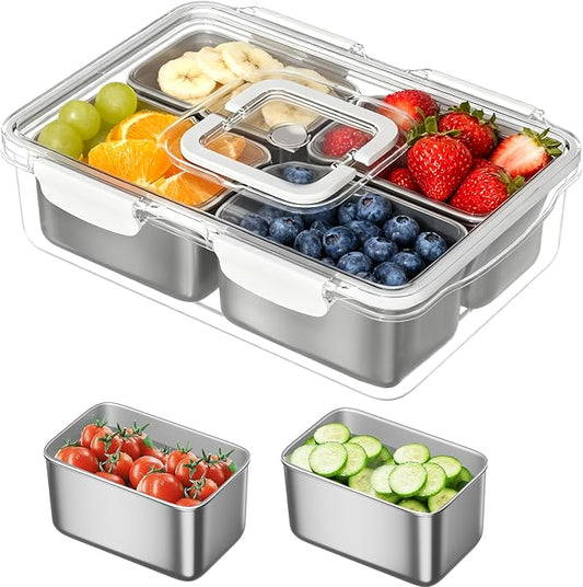 Snackle Box Container, Stainless Steel Divided Serving Tray with Handle and Lid,4 Compartment Leakproof Portable BPA-Free Snack Box For Fruits&Veggies, Keep Food Fresh & Organized, Ideal for Outdoor