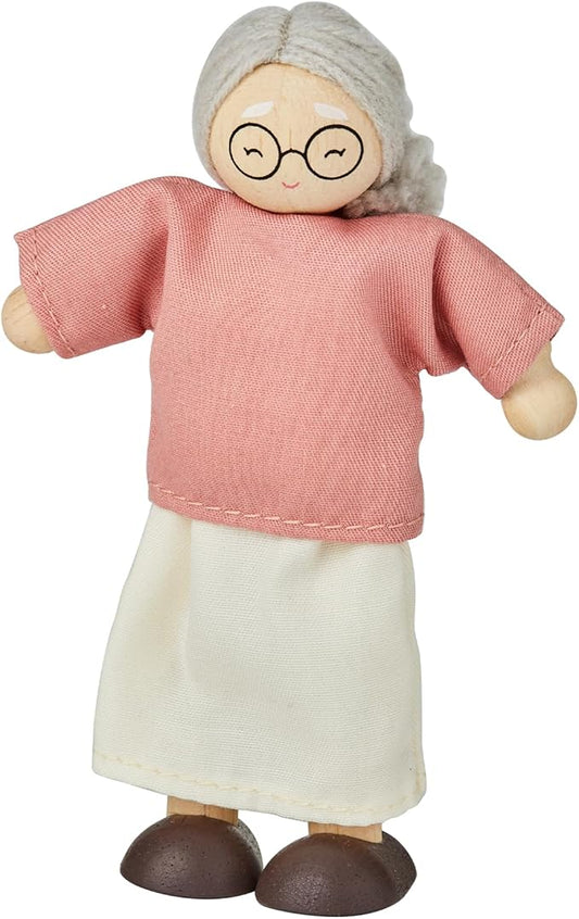 PlanToys® Grandmother Dollhouse Figure - Fair Skin Tone | Poseable 1:12 Scale Dollhouse People | Montessori Pretend Play Doll with Bendable Arms & Legs | Eco-Friendly Wooden Figurine for Kids