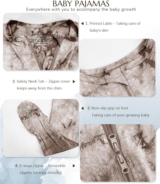 Jimonda Baby Girls Boys Footed Pajamas,Rayon From Bamboo,2 Way Zipper Long Sleeve Soft Sleeper Pjs,Infant Tie-dye Romper