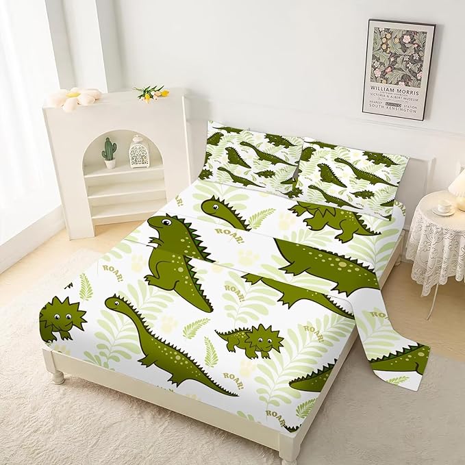 Dinosaur Sheets Set Full/Queen for Kids Cartoon Dinosaur Bedding Set for Boys Girls Room Decor Cute Dino Bed Set with 1 Flat Sheet 1 Fitted Sheet and 2 Pillowcases