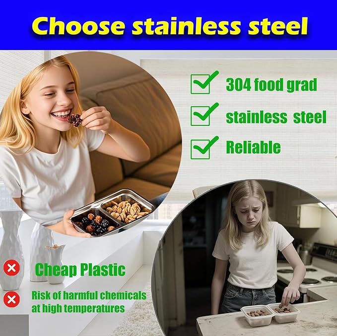 Antenat Reusable Stainless Steel Snack Containers with Lids (4PCS) –Double Compartment, Leak-Proof Food Containers with 2 Forks, Portable for Travel, Camping, Office Lunch, Takeout, Picnic & Dessert