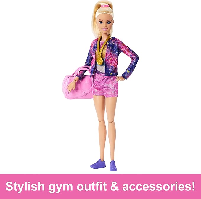 Barbie Gymnastics Doll & Accessories, Playset with Blonde Fashion Doll, C-Clip for Flipping Action, Balance Beam, Warm-Up Suit & More