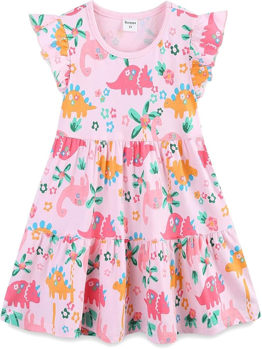 Bumeex Girl's Dresses Cotton Ruffle Sleeve Tiered Swing A-Line Cute Midi Casual Sundress