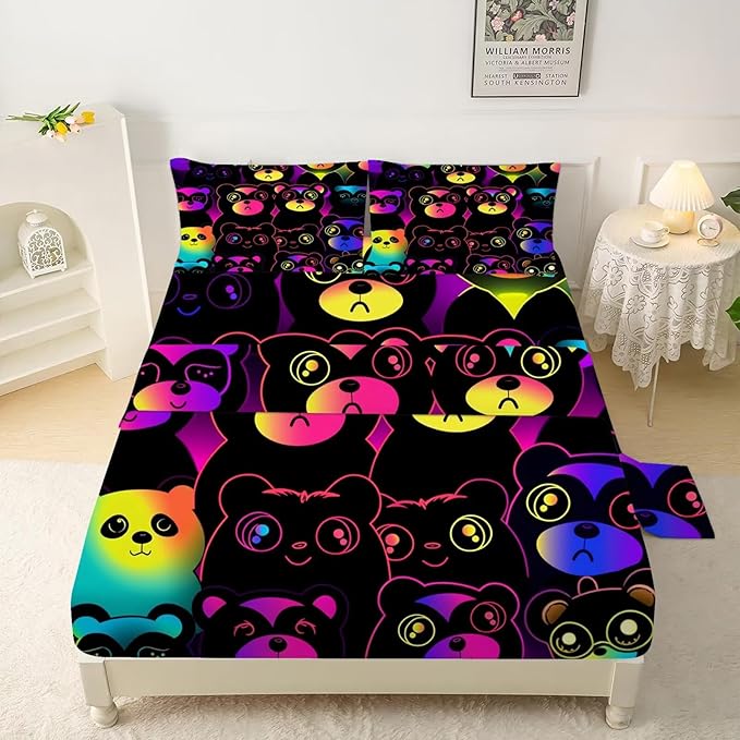 Lesser Panda Sheets Set Twin for Girls Boys Black Cartoon Lesser Panda Bedding Set for Kids Room Decor Cute Kids Bed Set with 1 Fitted Sheet, 1 Flat Sheet and 1 Pillowcase