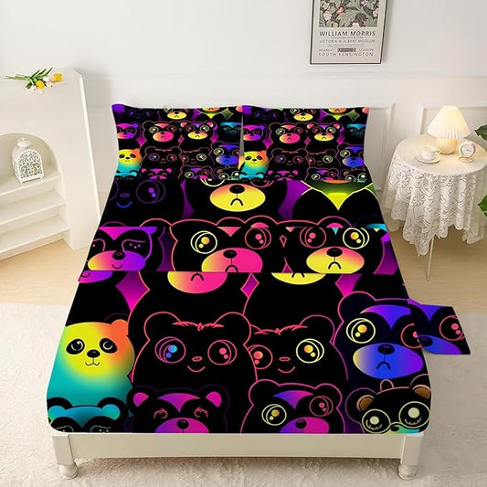 Lesser Panda Sheets Set Twin for Girls Boys Black Cartoon Lesser Panda Bedding Set for Kids Room Decor Cute Kids Bed Set with 1 Fitted Sheet, 1 Flat Sheet and 1 Pillowcase