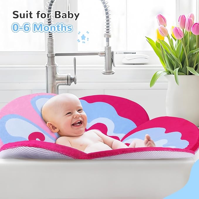 Premium Baby Bath Pad with Butterfly Flower - Ultra Soft & Quick Dry Bathtub Mat for Newborns, Anti-Slip Sink Cushion (Red-Blue)