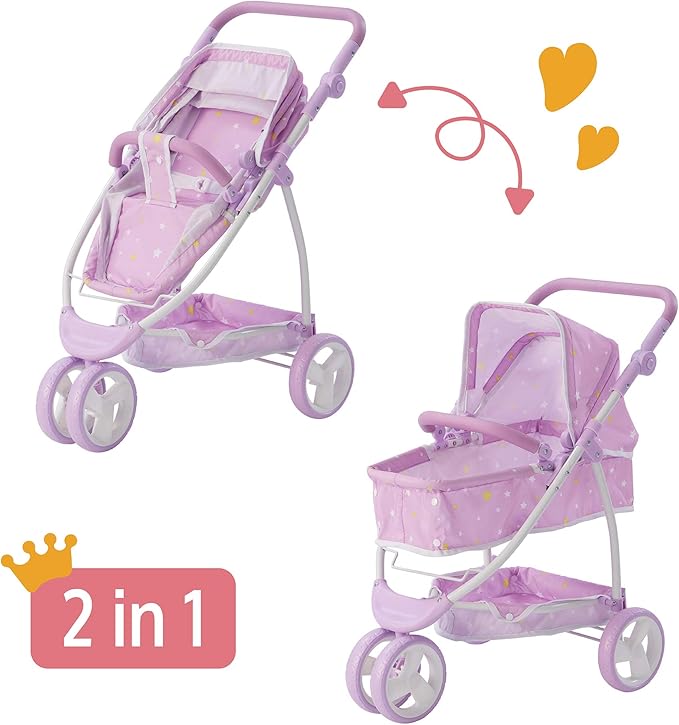 Olivia's Little World - Play Baby Doll Bassinet Stroller for Toddler, Baby Doll Pram Stroller Buggy for 3+ Year Old Girls, Twinkle Stars Princess 2-in-1 Baby Doll Stroller for Kids - Purple