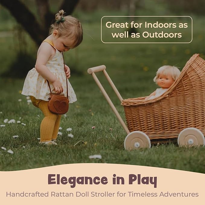 Artisanal Handwoven Rattan Doll Stroller & Pram - European Made for 17 inch Baby Dolls | Includes Mattress, Pillow & Blanket | Perfect for Imaginative Play, Role Play & Room Décor