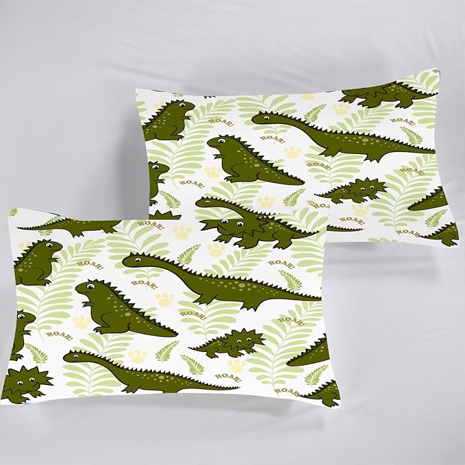 Cartoon Dinosaur Sheets Set Twin for Boys Green Kids Dino Bedding Set with Deep Pocket T-Rex Bed Set with 1 Flat Sheet 1 Fitted Sheet and 1 Pillowcase