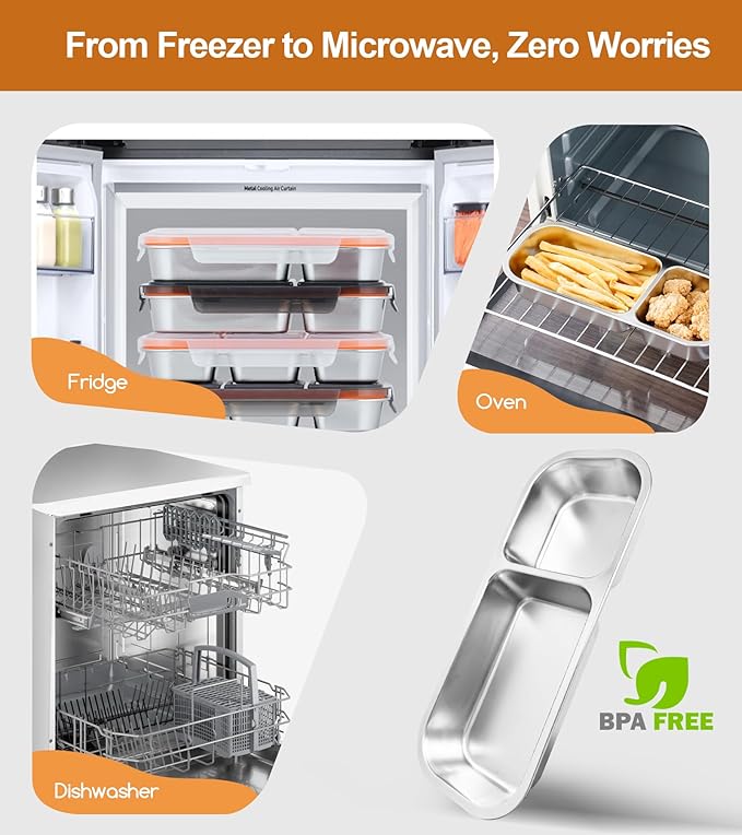 Ugotit Snackle Box Container Stainless Steel - 3 Compartment Leakproof Snack Organizer, Reusable with Airtight Lids for Dips, Sauces, Fruits - Dishwasher Safe Food Storage (20oz, Orange)