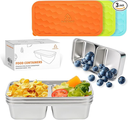 3 Pack Stainless Steel Snack Containers, 15 OZ Double Compartment Reusable Snackle Box with Lids for Camping