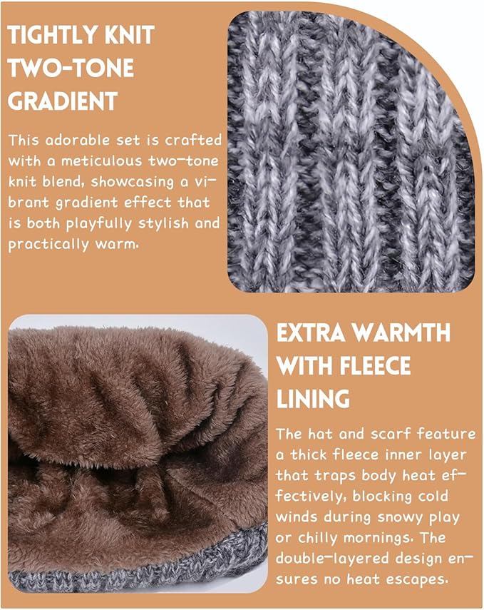 Kids Winter Hat Gloves Scarf Set，Mixed-color Beanie hat Knit Neck Fleece Lining Touchscreen Gloves for Girls Boys 4-10Y