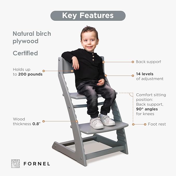 FORNEL Grey Wooden High Chair for Toddlers | The Grow-with-Me Adjustable Chair for Modern Farmhouse & Scandinavian Kitchens | A Smart Stokke Alternative
