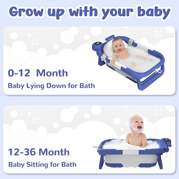 Collapsible Baby Bathtub for Newborn to Toddler (0-24 Months), Portable Baby Bath Tub for Travel, Newborn Bathtub with Soft and Supportive Cushion (Astronaut-Blue)
