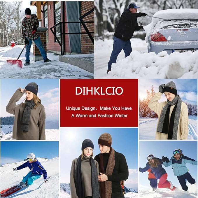 Mens Winter Hat Scarf Glove set for Men 3 Pcs Touchscreen Anti Slip Gloves Knit Stretchy Beanie Hats and long Scarfs Set