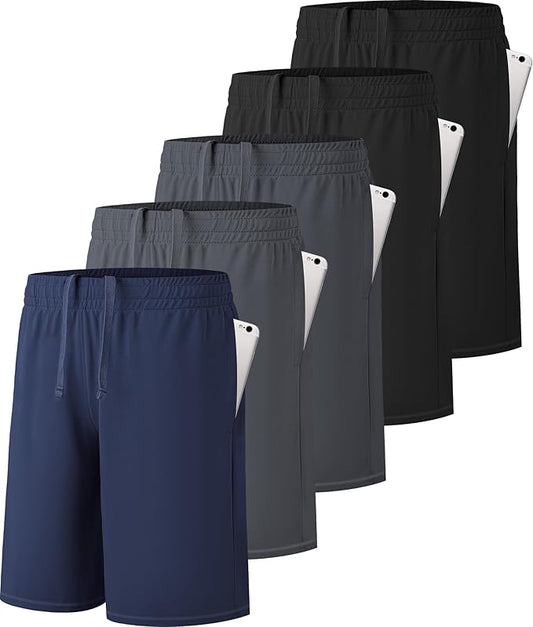 5 Pack Boys Athletic Shorts Active Performance Youth Kids Basketball Shorts Quick Dry with Elastic Waist Pockets