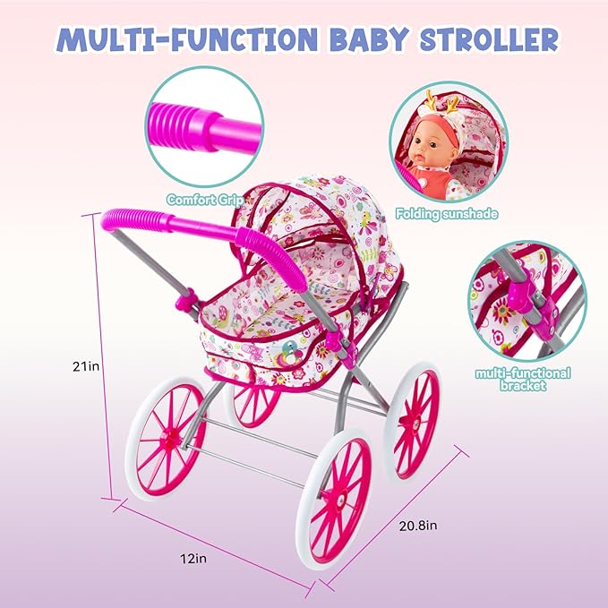 Baby Doll Stroller Toys Set with 12.5" Doll for 3-7, Foldable Stroller, Dining Chair, Accessories & 1 Outfits,Pretend Play Baby Doll Toys for Girls Ages 3-7