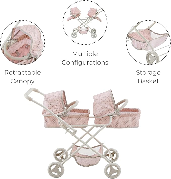 Olivia's Little World Twin Baby Doll Stroller, Double Bassinet Stroller Kids Baby Strollers for Dolls with Retractable Canopy & Storage for Kids Ages 3+, Pink/Gray
