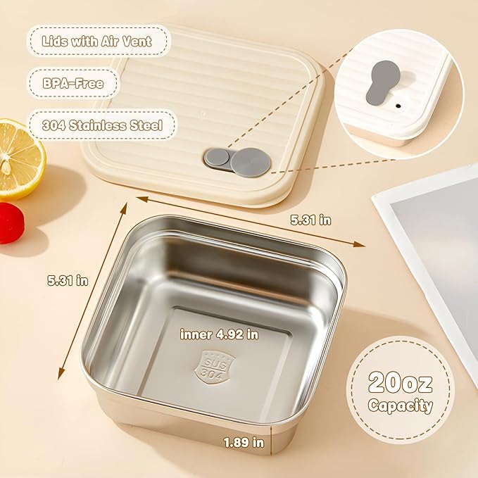 2 Pack Sandwich Containers, 20oz Stainless Steel Sandwich Box with Lids, Reusable Metal Meal Prep Lunch Boxes, BPA-Free, Dishwasher Safe, Food Storage Containers for Snacks & Fruits (Yellow, Green)