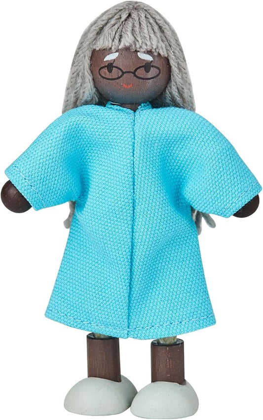 PlanToys® Wooden Grandmother Dollhouse Figure - Dark Skin Tone | Poseable 1:12 Scale Dollhouse People | Montessori Pretend Play Doll with Bendable Arms & Legs | Eco-Friendly Wooden Figurine for Kids