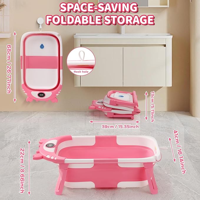 Baby Bathtub,Collapsible Baby Bath Tub with Thermometer & Soft Floating Cushion,Portable Travel Baby Bathtubs for Newborns to Toddlers 0-36 Months(Crab Blue)