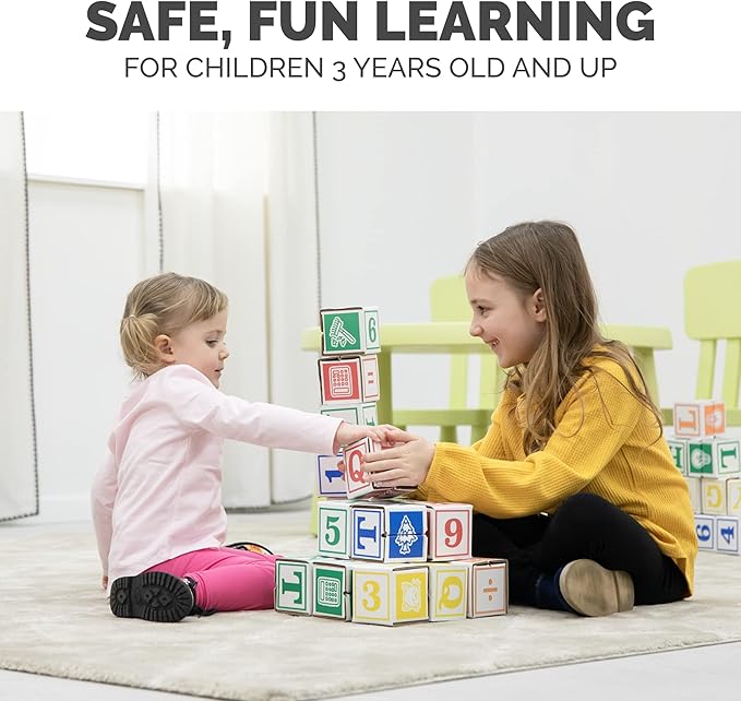 Bankers Box at Play Cardboard ABC/123 Building Learning Blocks, 50 Pack, Larger 3"x 3" Montessori Toy Blocks for Kids and Families