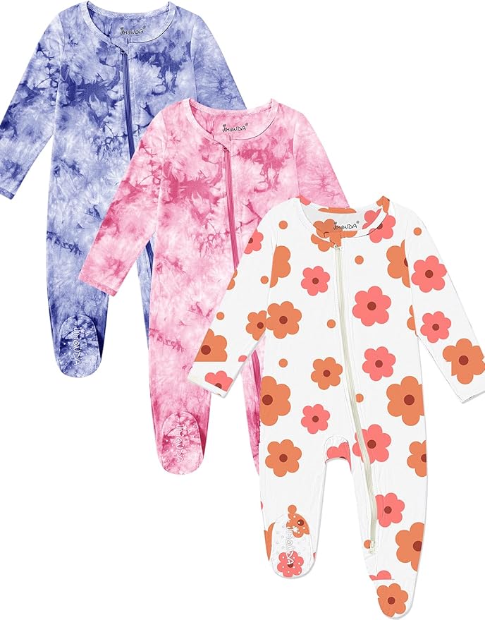 Jimonda Baby Girls Boys Footed Pajamas,Rayon From Bamboo,2 Way Zipper Long Sleeve Soft Sleeper Pjs,Infant Tie-dye Romper