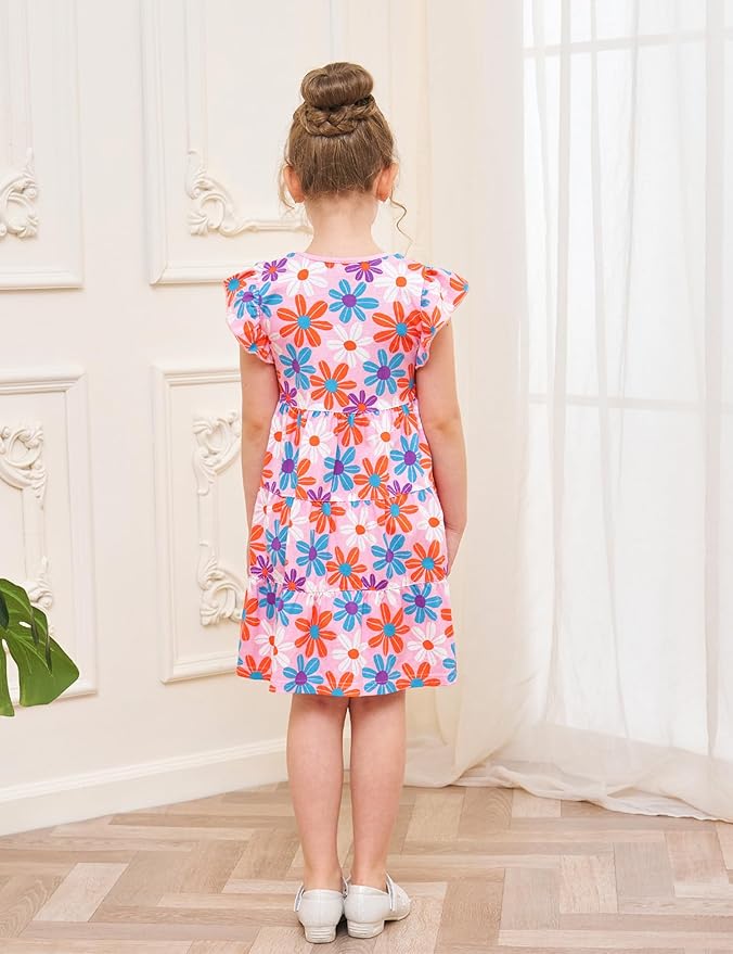 Bumeex Girl's Dresses Cotton Ruffle Sleeve Tiered Swing A-Line Cute Midi Casual Sundress